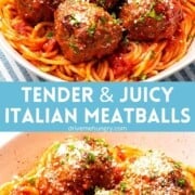 Tender and juicy Italian meatballs with tomato sauce and pasta.