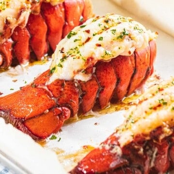 Broiled lobster tail with garlic butter.