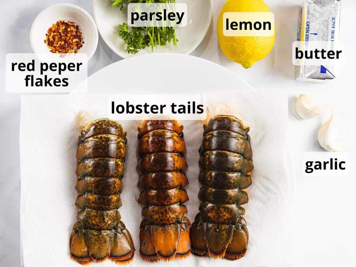 Ingredients for lobster tail with lemon garlic butter.