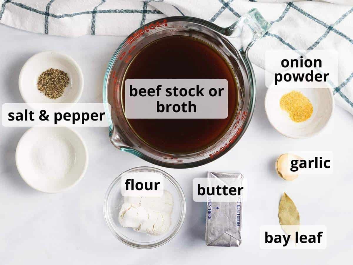 Ingredients for brown gravy including beef stock, flour, and butter.