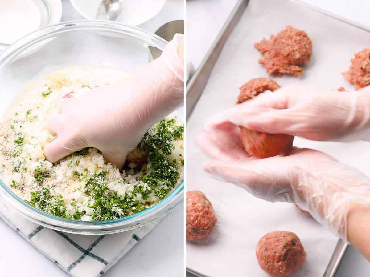 Meatball mixture being mixed and rolled by hand.