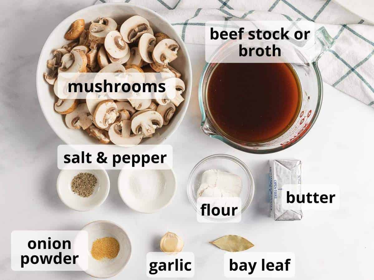 Ingredients for mushroom gravy with text overlay.