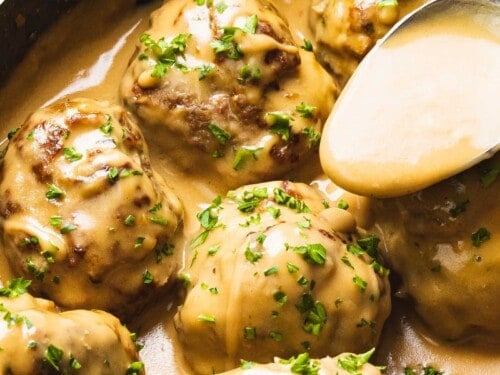 Swedish meatballs with creamy gravy spooned on top.