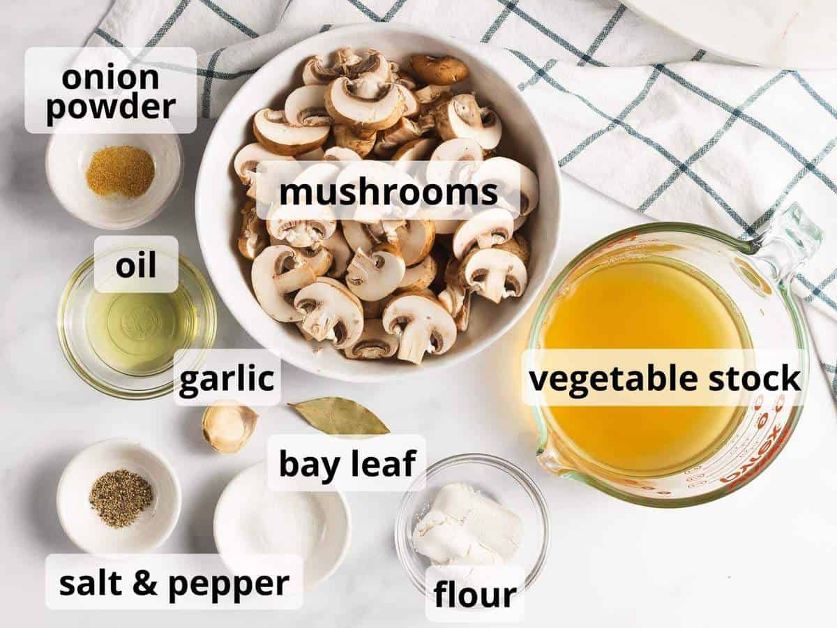 Ingredients for vegan mushroom gravy with text overlay.