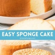 Easy sponge cake cut into a slice on a white plate.