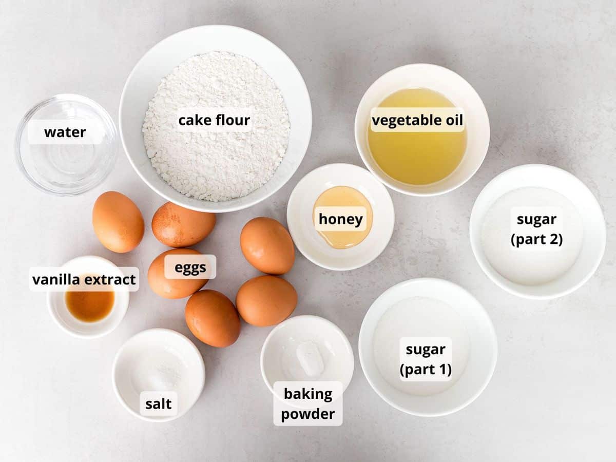Ingredients for sponge cake including eggs and cake flour.