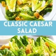 Classic Caesar salad with text overlay.