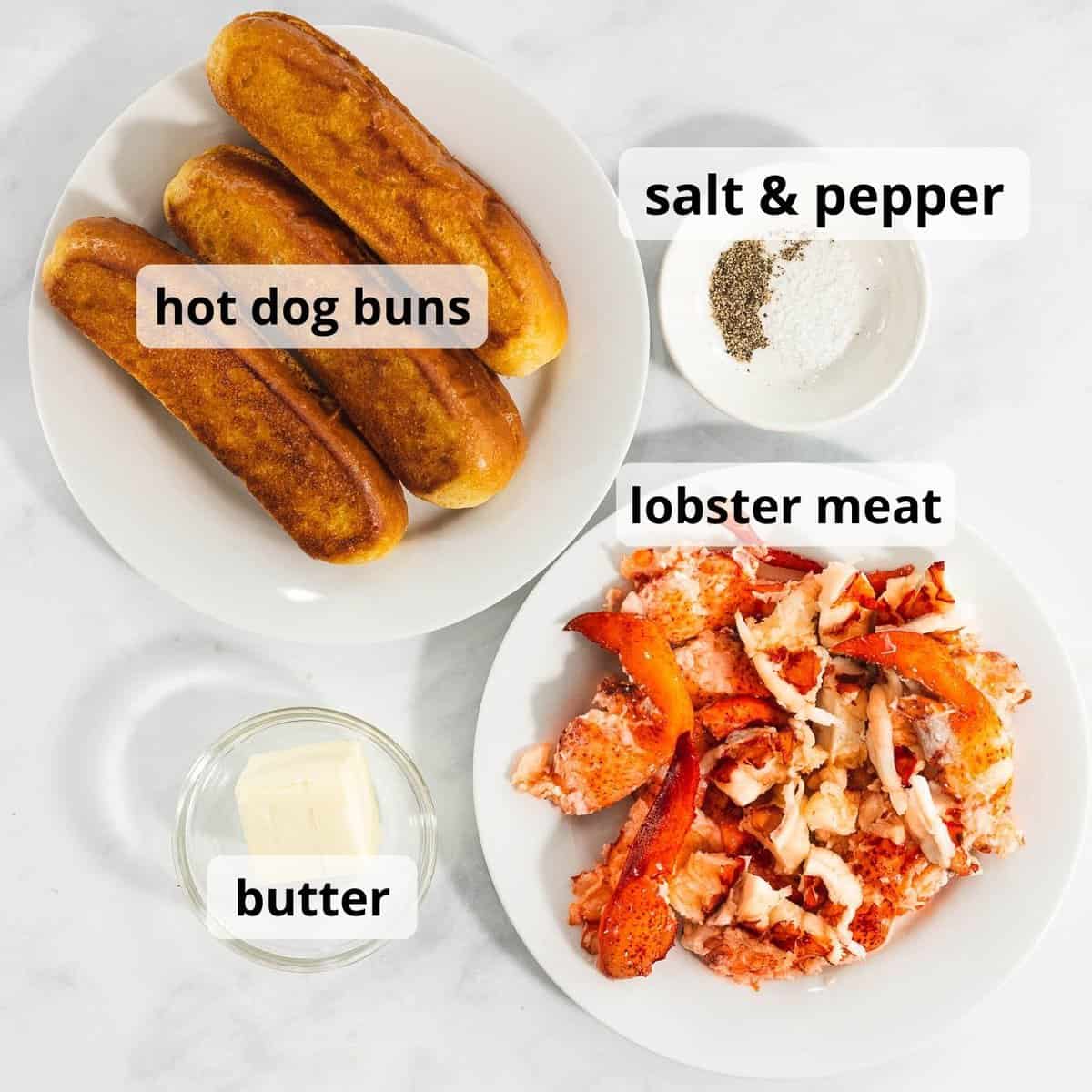 Ingredients for warm Connecticut lobster rolls with text overlay.
