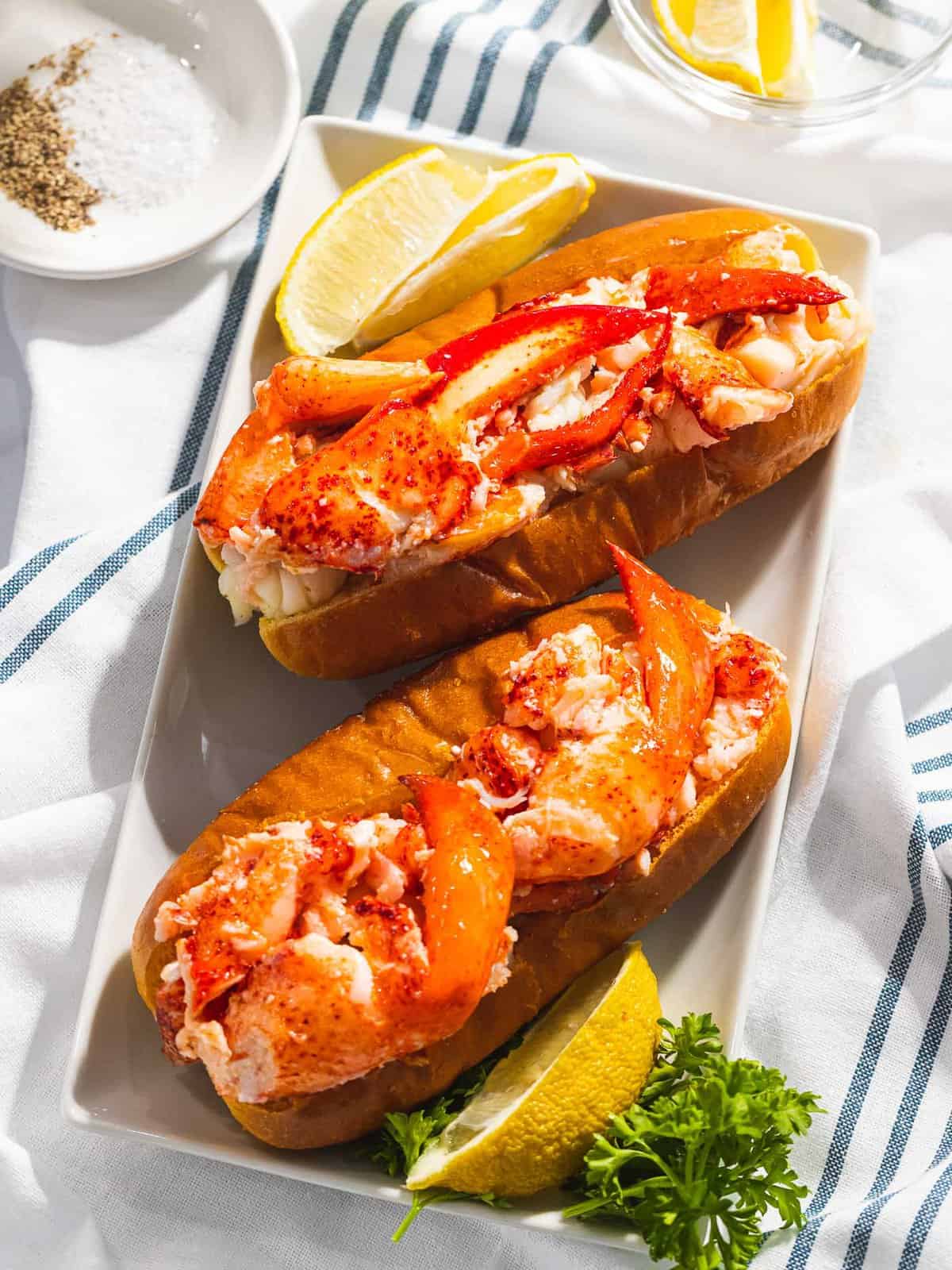 Connecticut-style warm lobster rolls with lobster claw meat.