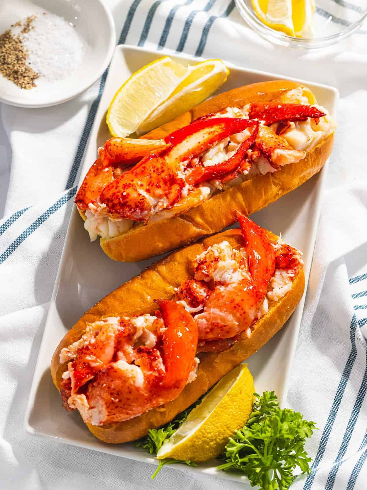 Connecticut-style warm lobster rolls with lobster claw meat.