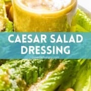 Caesar salad dressing in a jar with text overlay.