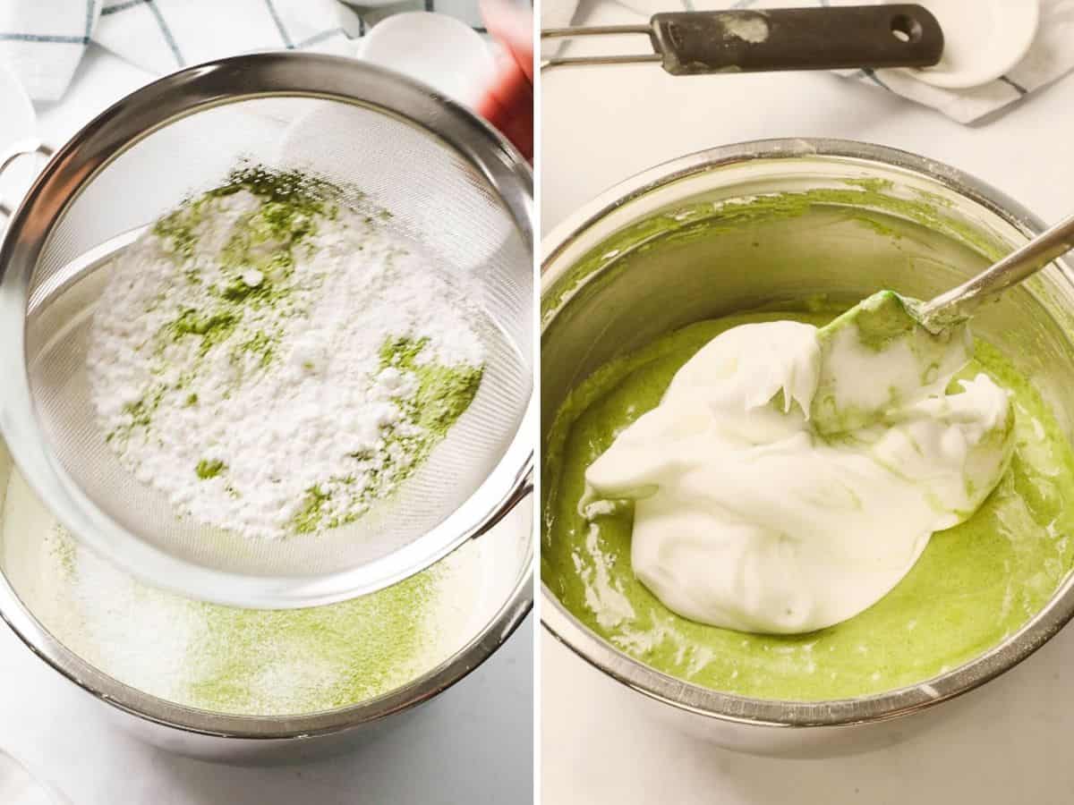 Cake flour and matcha powder sifted into cake batter with whipped egg whites and yolks.