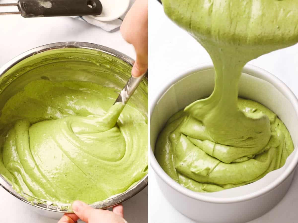 Fluffy matcha sponge cake batter being folded and poured into a cake pan.