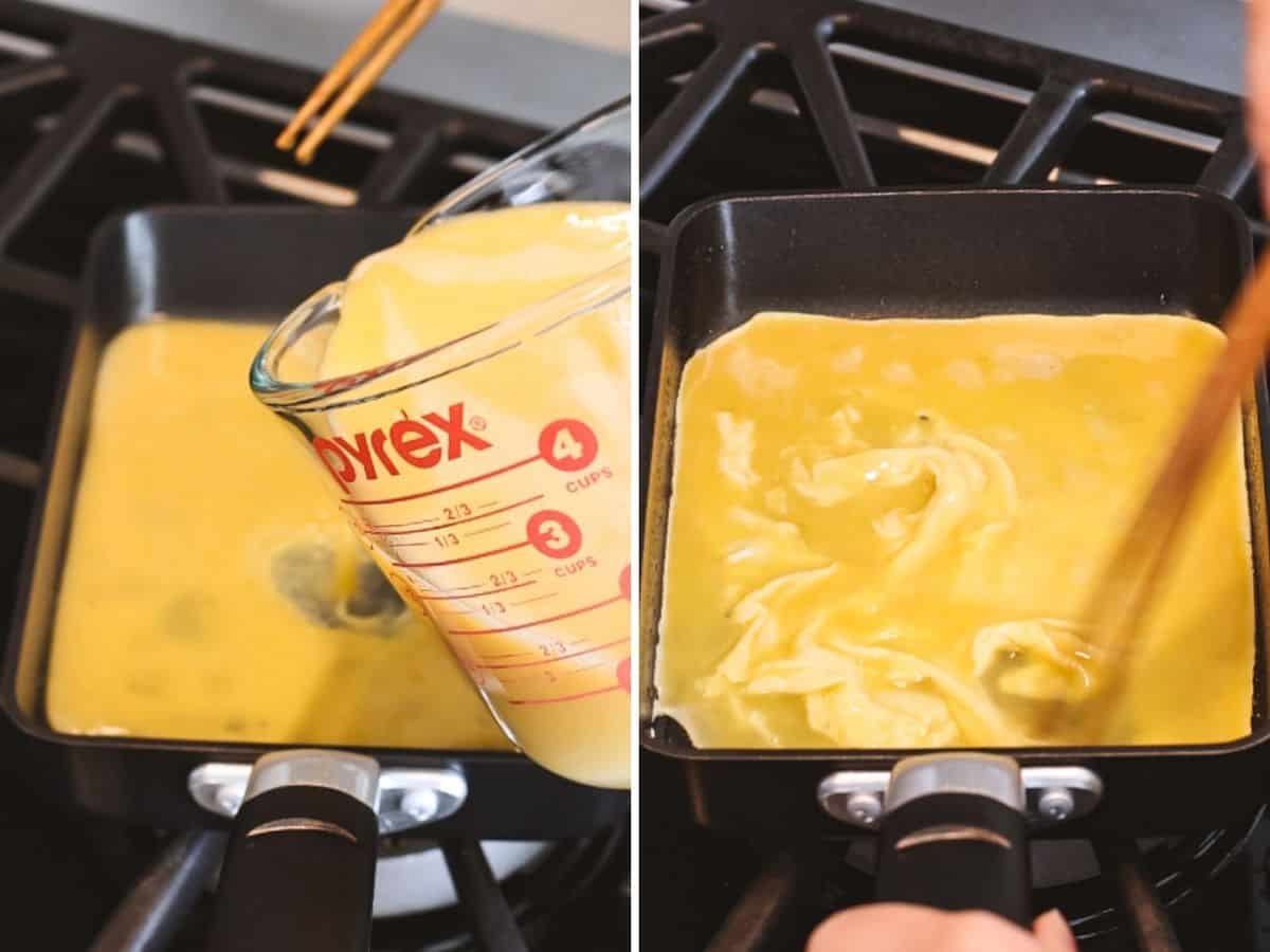 Pouring and cooking egg mixture in a pan.