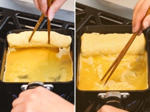 Cooking a layer of egg in a tamagoyaki pan.