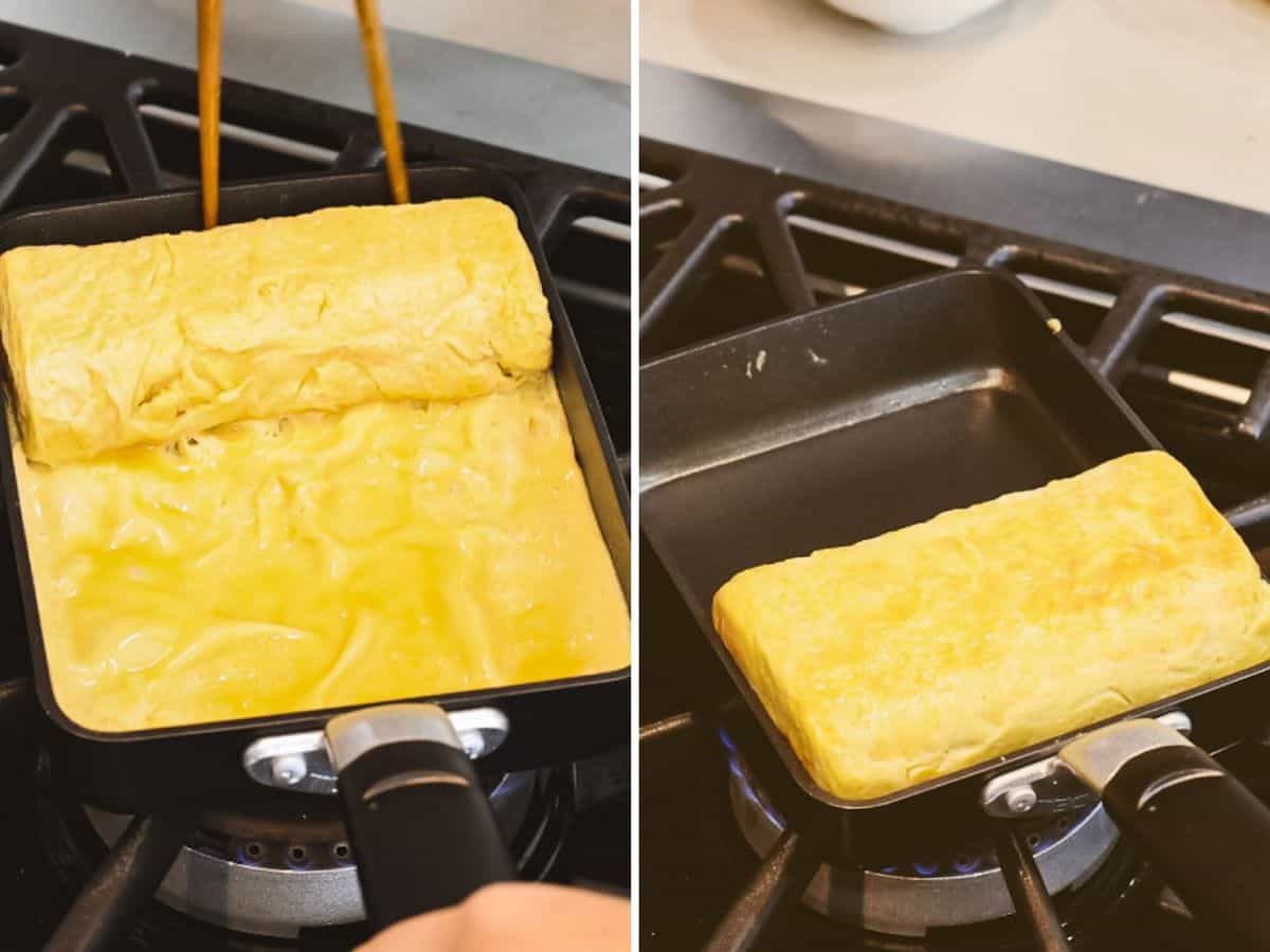 Tamagoyaki rolled in a tamagoyaki pan into an omelette shape.
