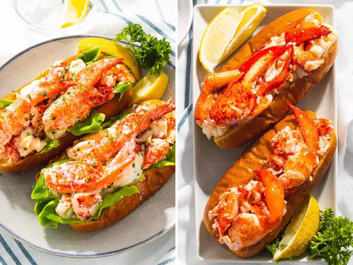 Two types of New England lobster rolls, Maine and Connecticut.