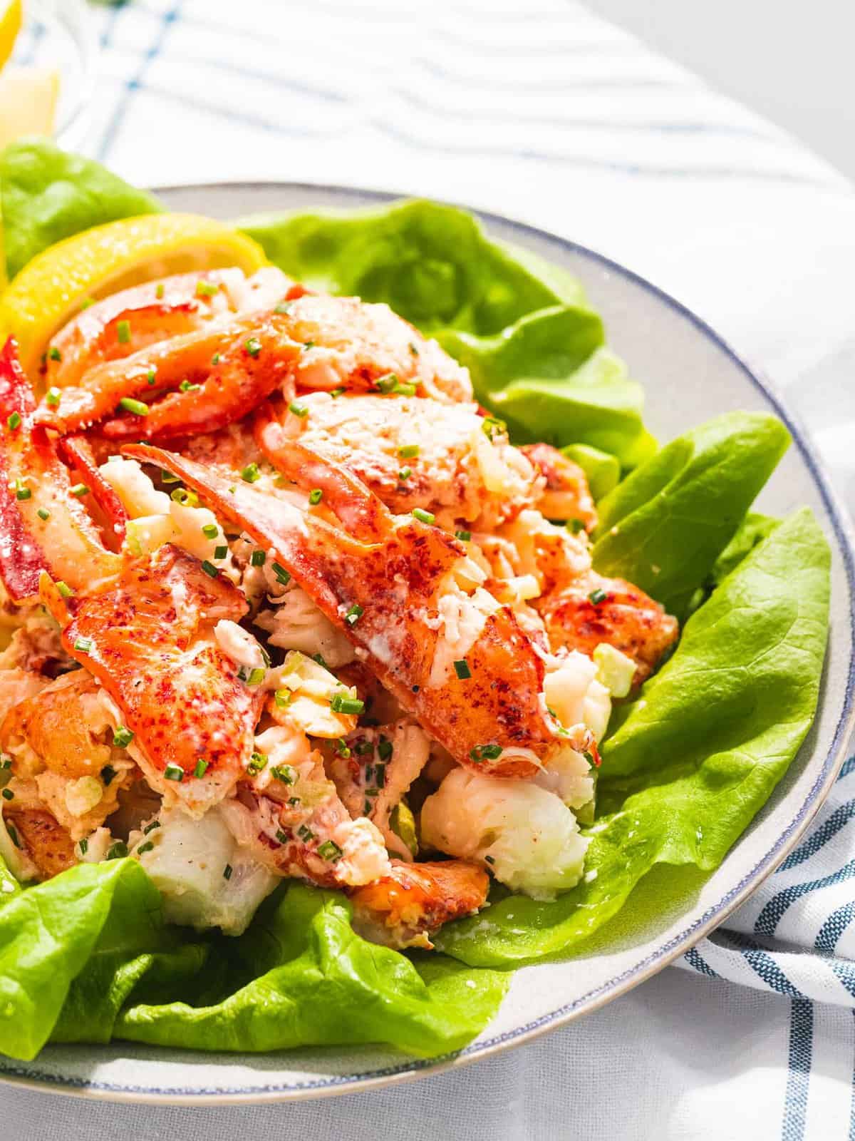 Lobster salad with light dressing on a bed of lettuce.
