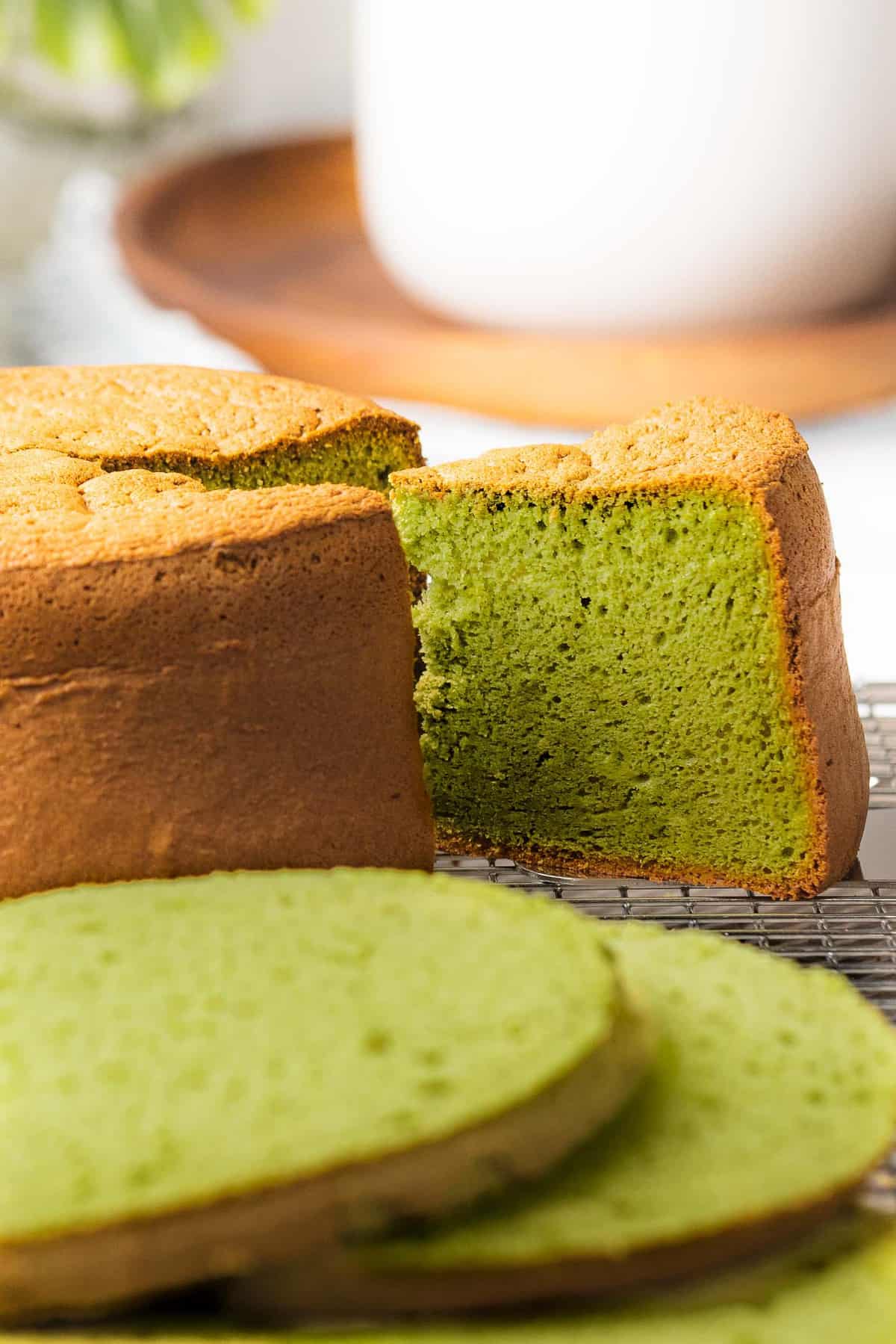 Matcha cake with soft and fluffy green interior.