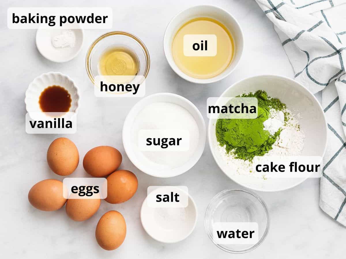 Ingredients for matcha cake with text overlay.