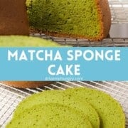 Matcha sponge cake with text overlay.