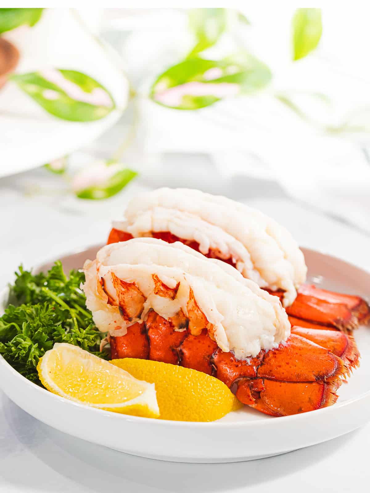 Steamed lobster tails with lemon and parsley on a plate.