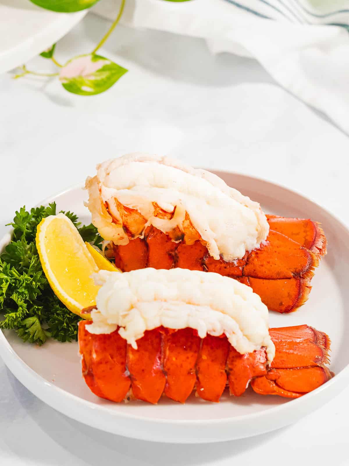 Steamed lobster tails with tender, moist meat and red shells.