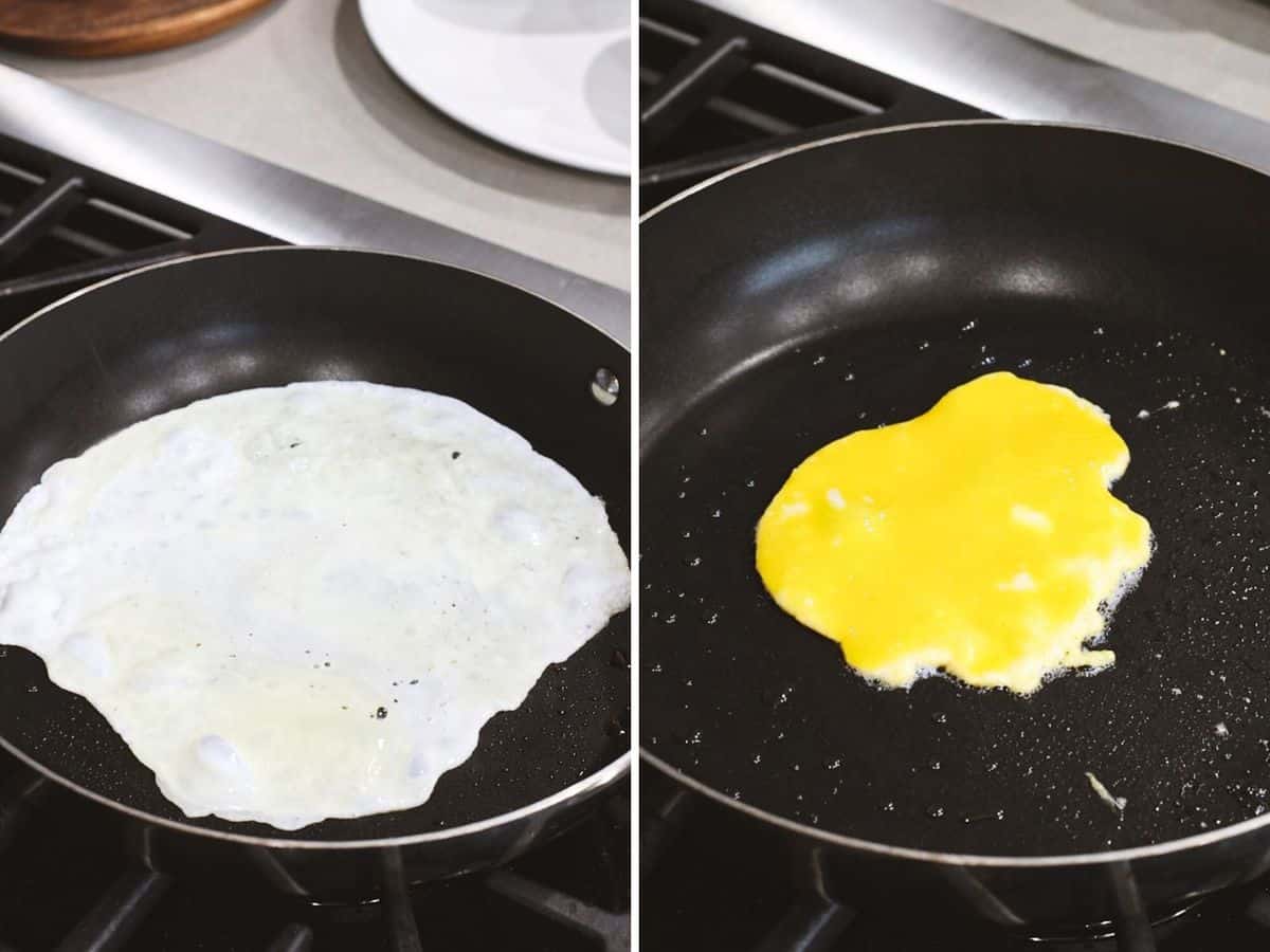 Egg white and egg yolk being cooked separately in a pan.