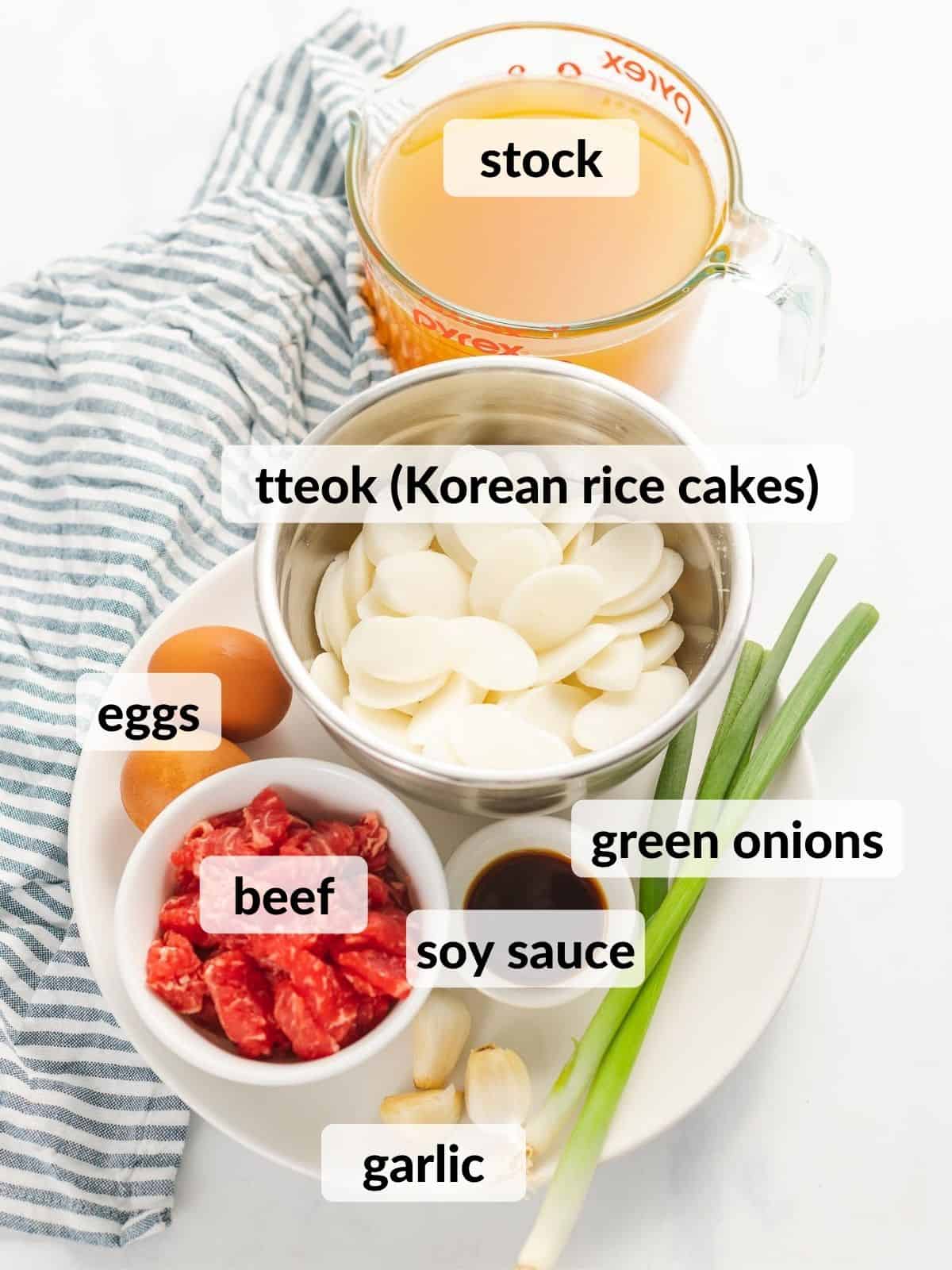 Ingredients for tteokguk including rice cakes, beef, stock, and eggs.