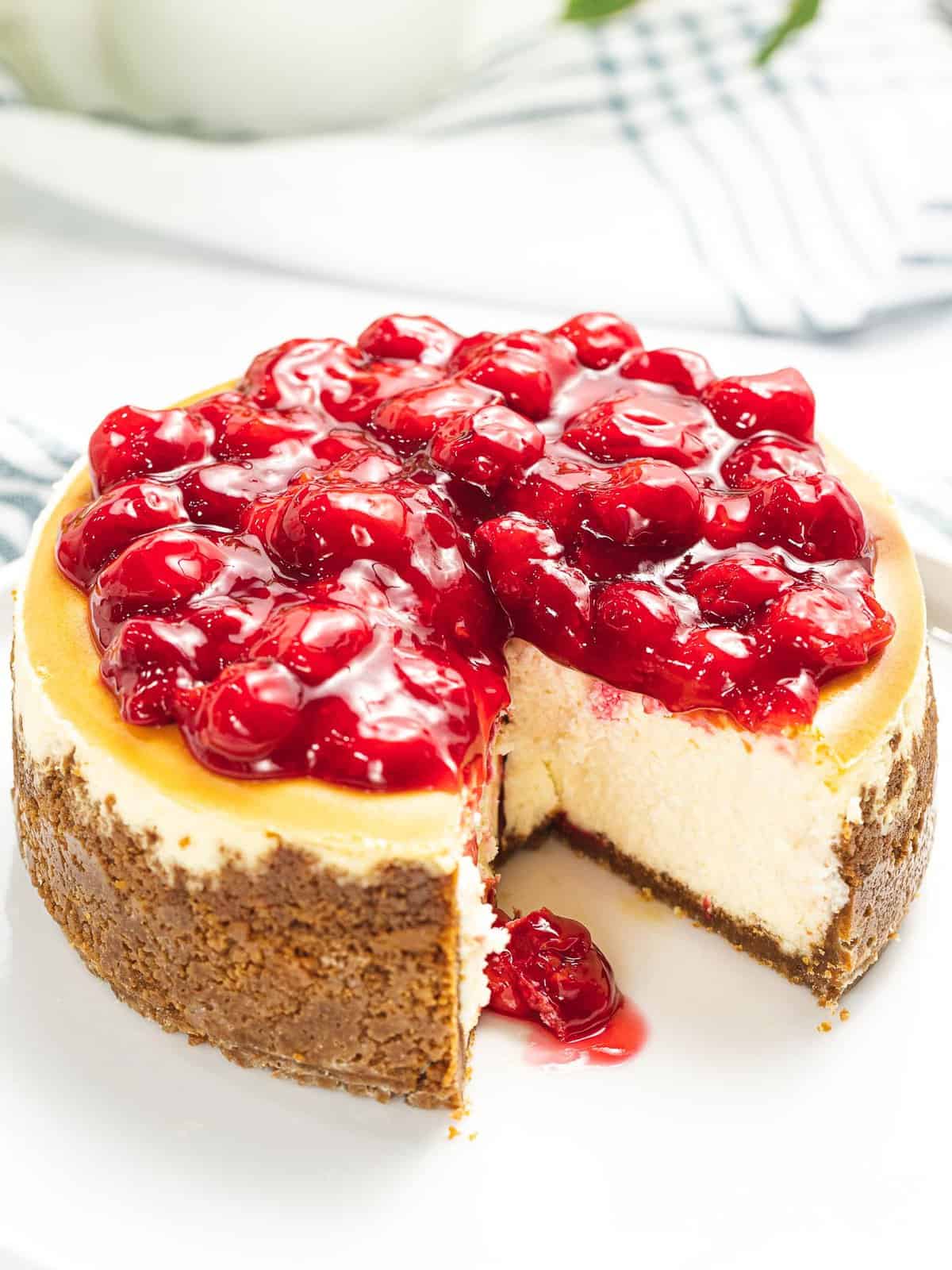 Cherry cheesecake with graham cracker crust.