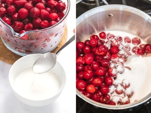 Cornstarch slurry and sugar added to cherries in a pot.