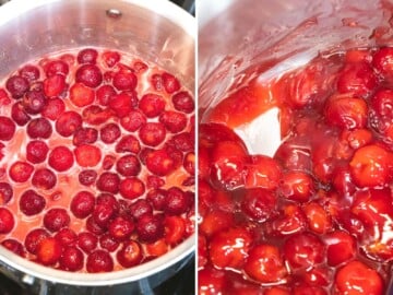 Cherries cooking in a pot with sugar and cornstarch.