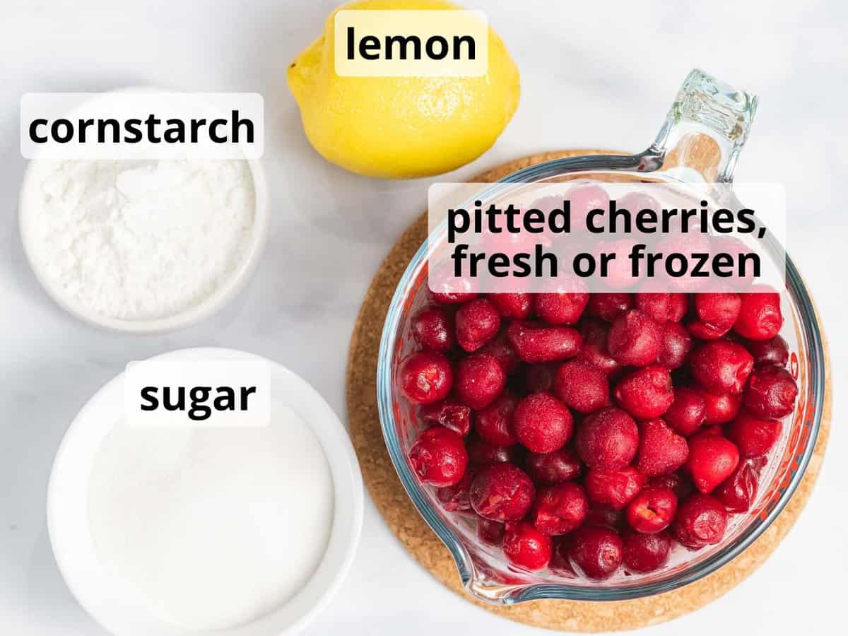 Ingredients for cherry pie filling with text.