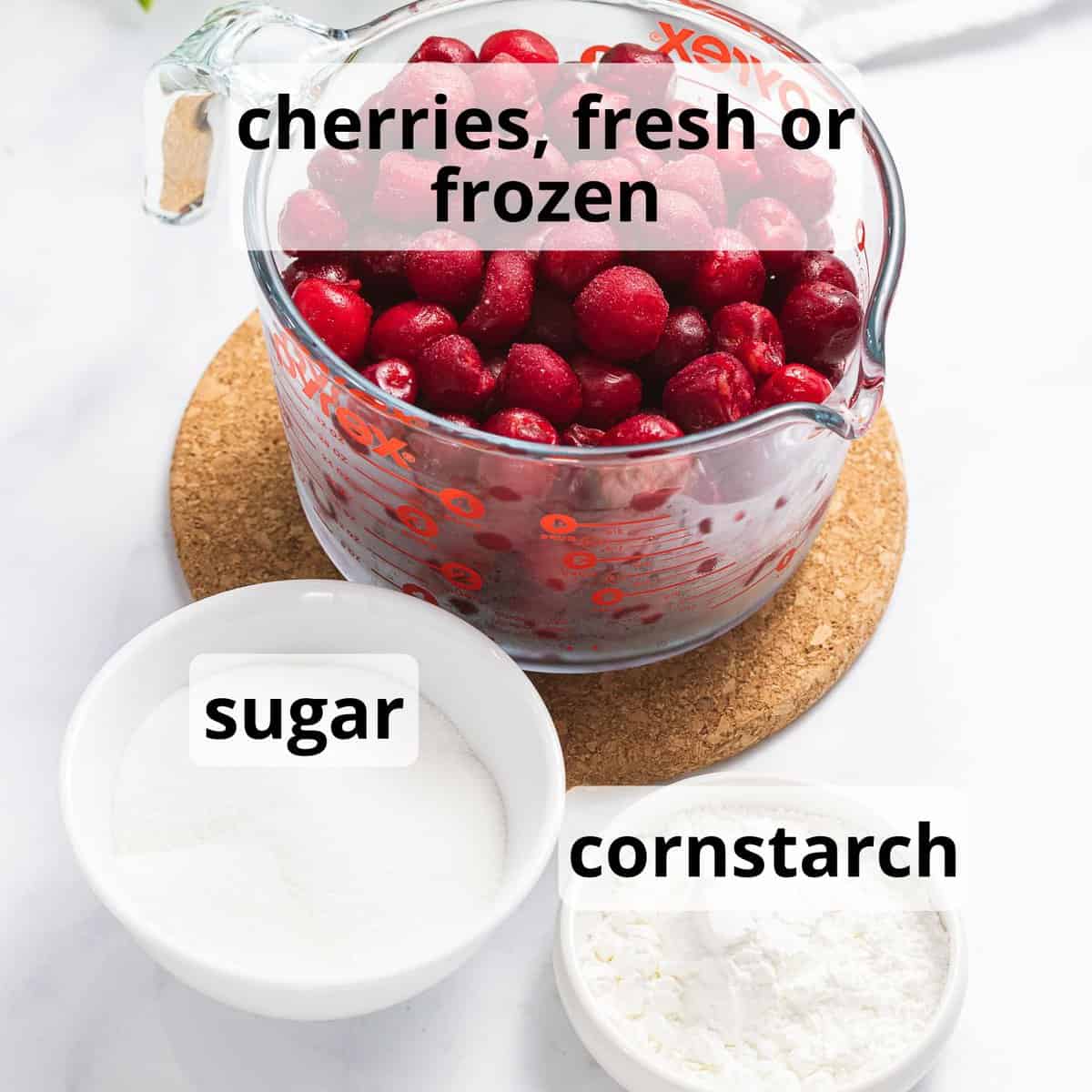 Ingredients for cherry sauce with text overlay.