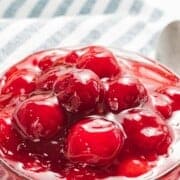 Easy cherry sauce with text overlay.