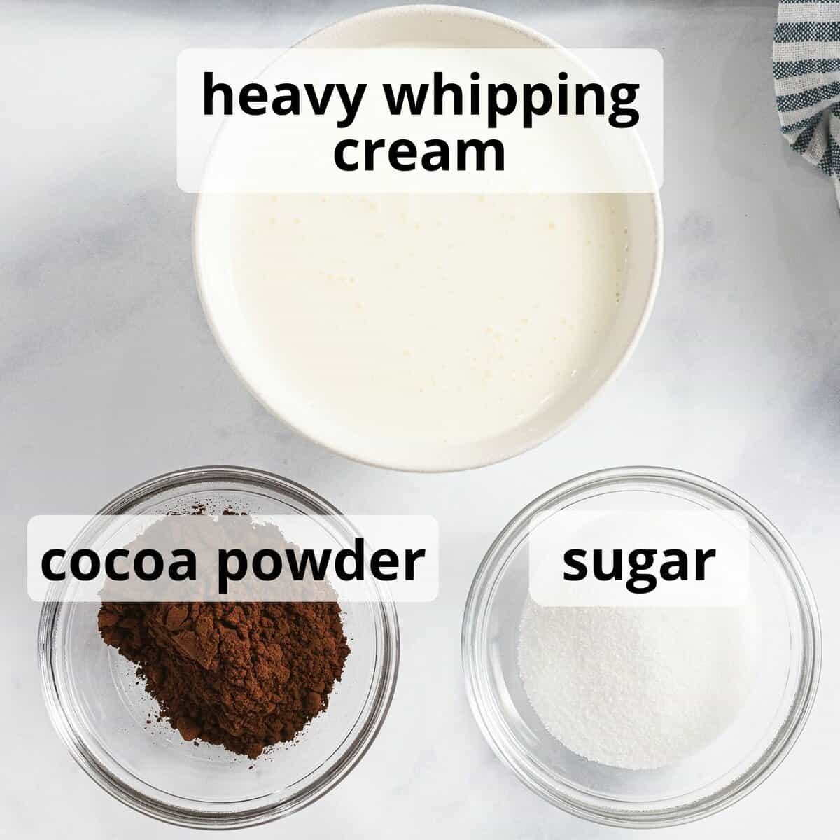 Ingredients for chocolate whipped cream including heavy whipping cream and cocoa powder.
