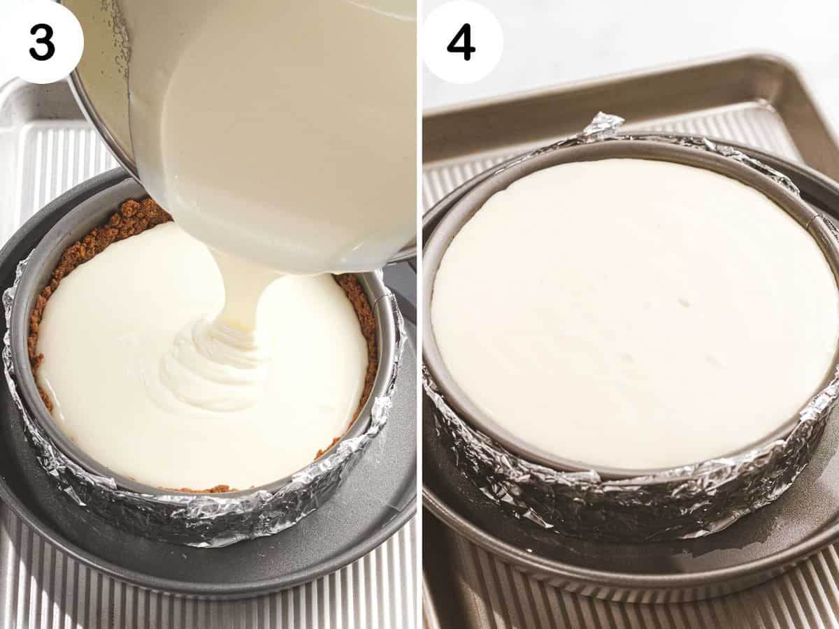 Cheesecake batter poured into a springform pan and in a water bath.