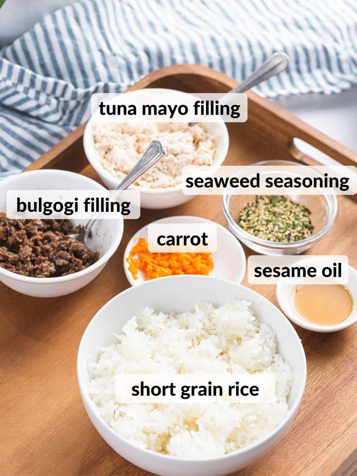 Ingredients for Korean rice balls or jumeokbap.