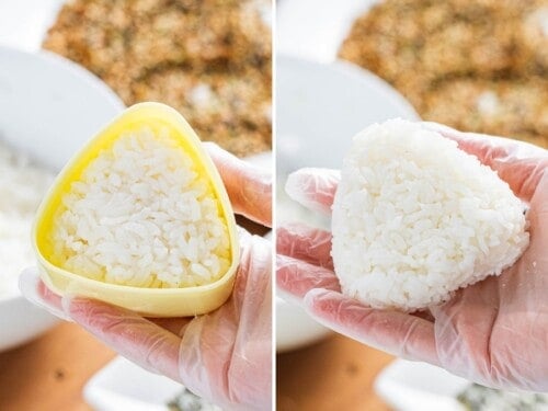 Triangular onigiri mold filled with rice.