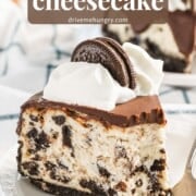 Oreo cheesecake on a plate with text overlay.