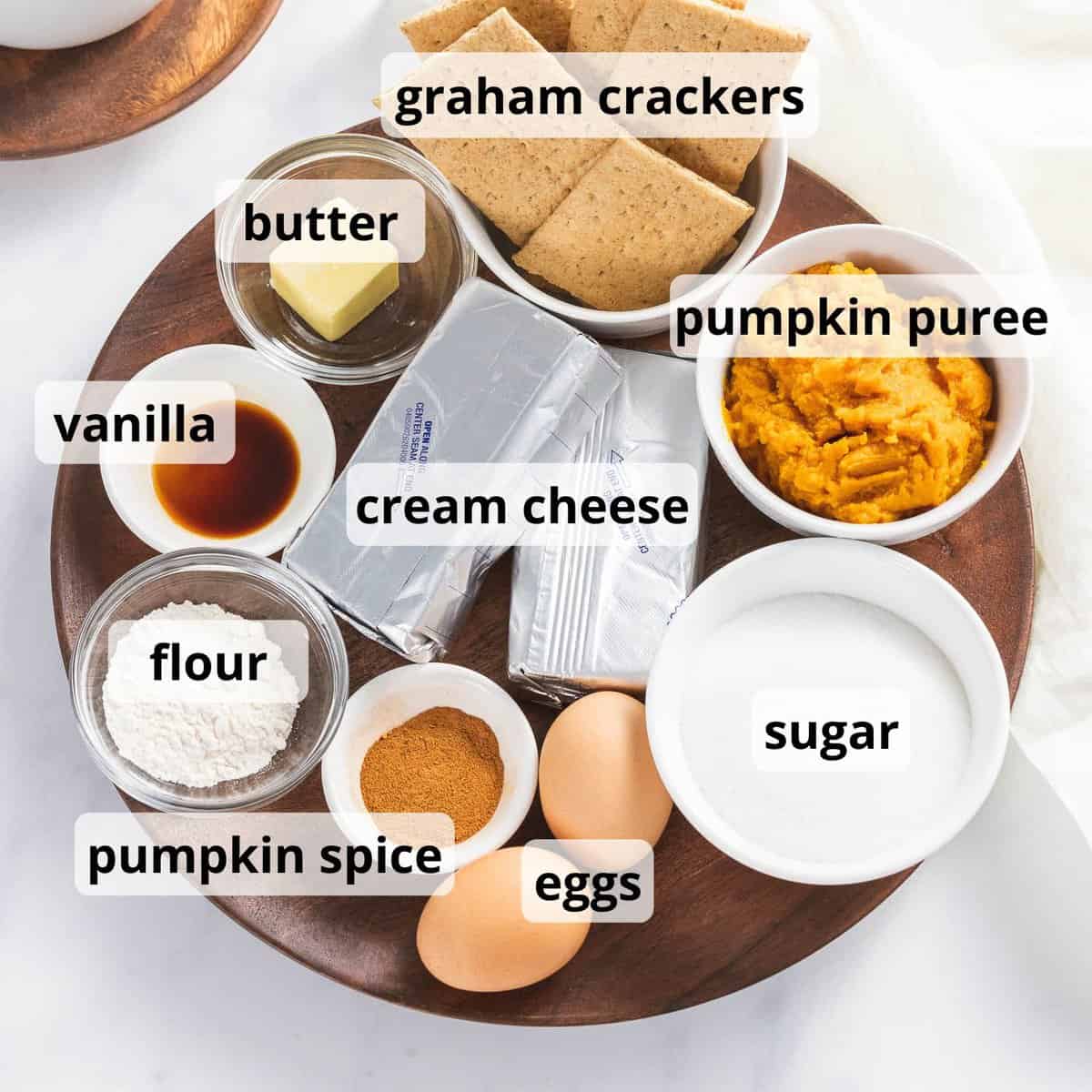 Pumpkin cheesecake ingredients with text overlay.