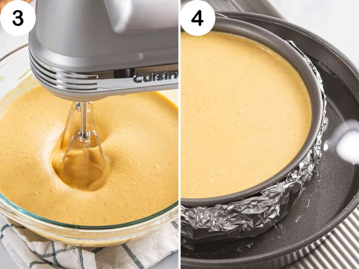 Pumpkin cheesecake batter being mixed and added to a springform pan in a water bath.