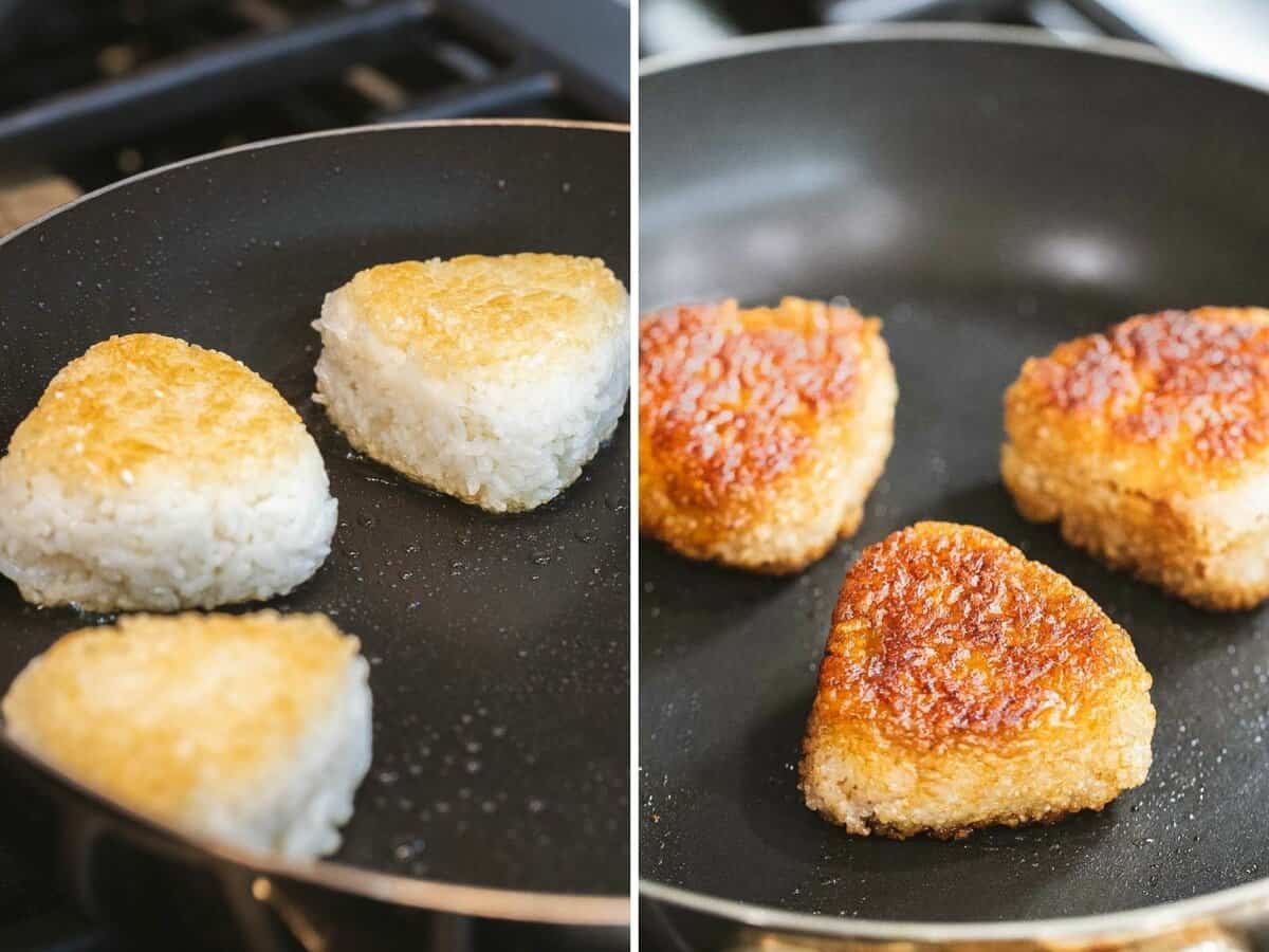 Grilling yaki onigiri in a pan until crispy and seasoning with soy sauce.