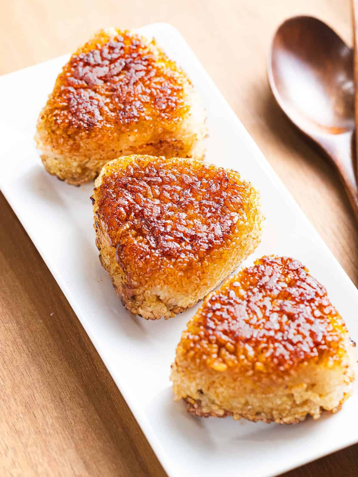 Yaki onigiri or grilled rice balls with soy sauce.