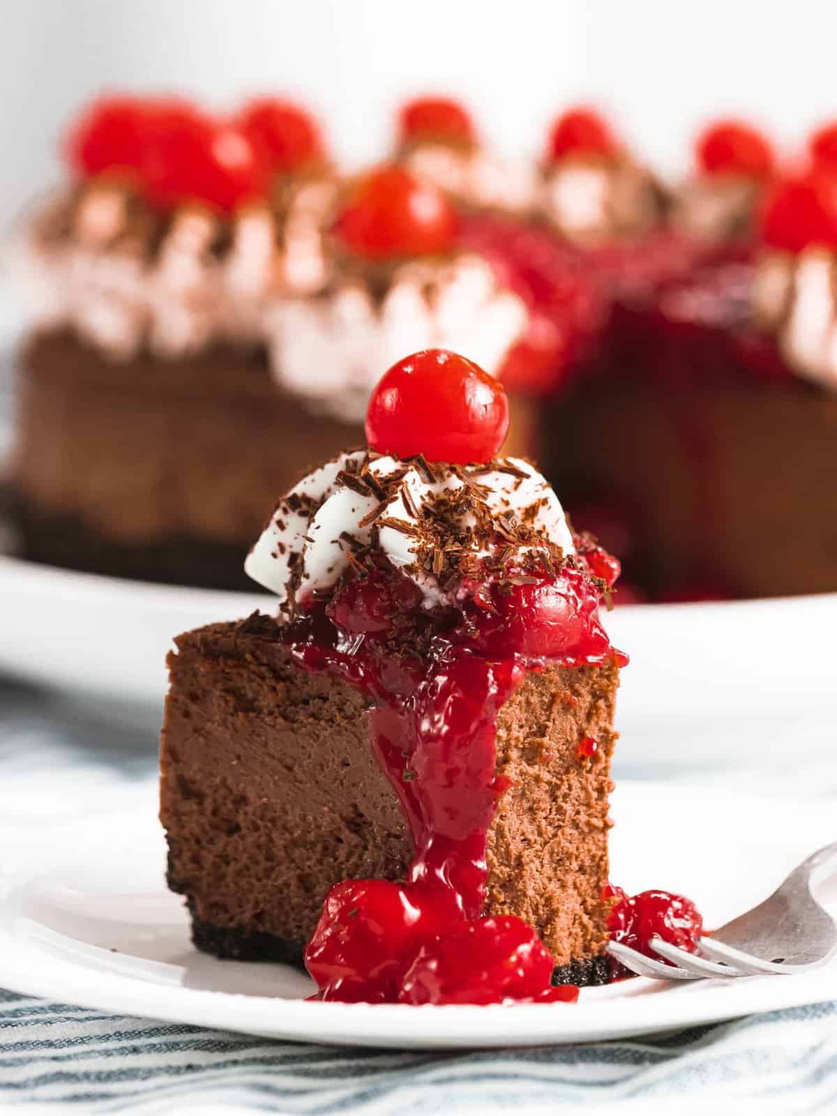 A slice of black forest cheesecake with cherry topping and chocolate crust.