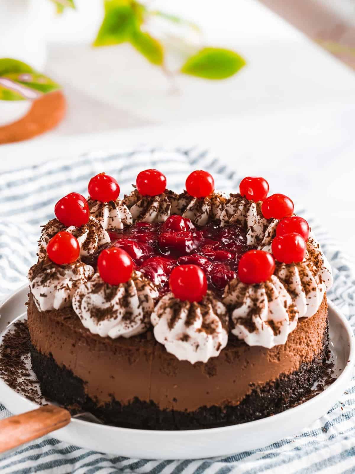 Black forest cheesecake with cherries, cherry topping, whipped cream, and chocolate crust.