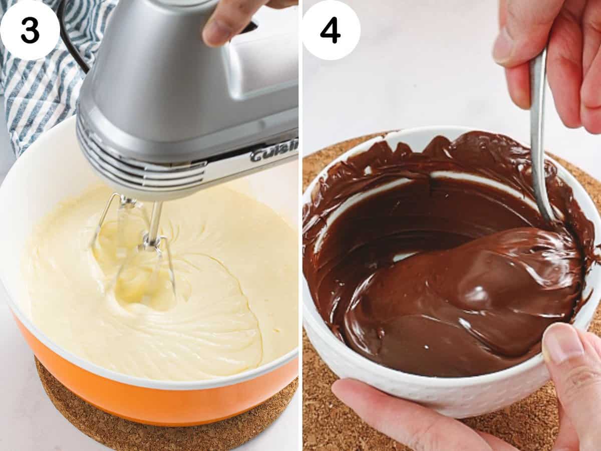 Cheesecake batter next to melted dark chocolate.
