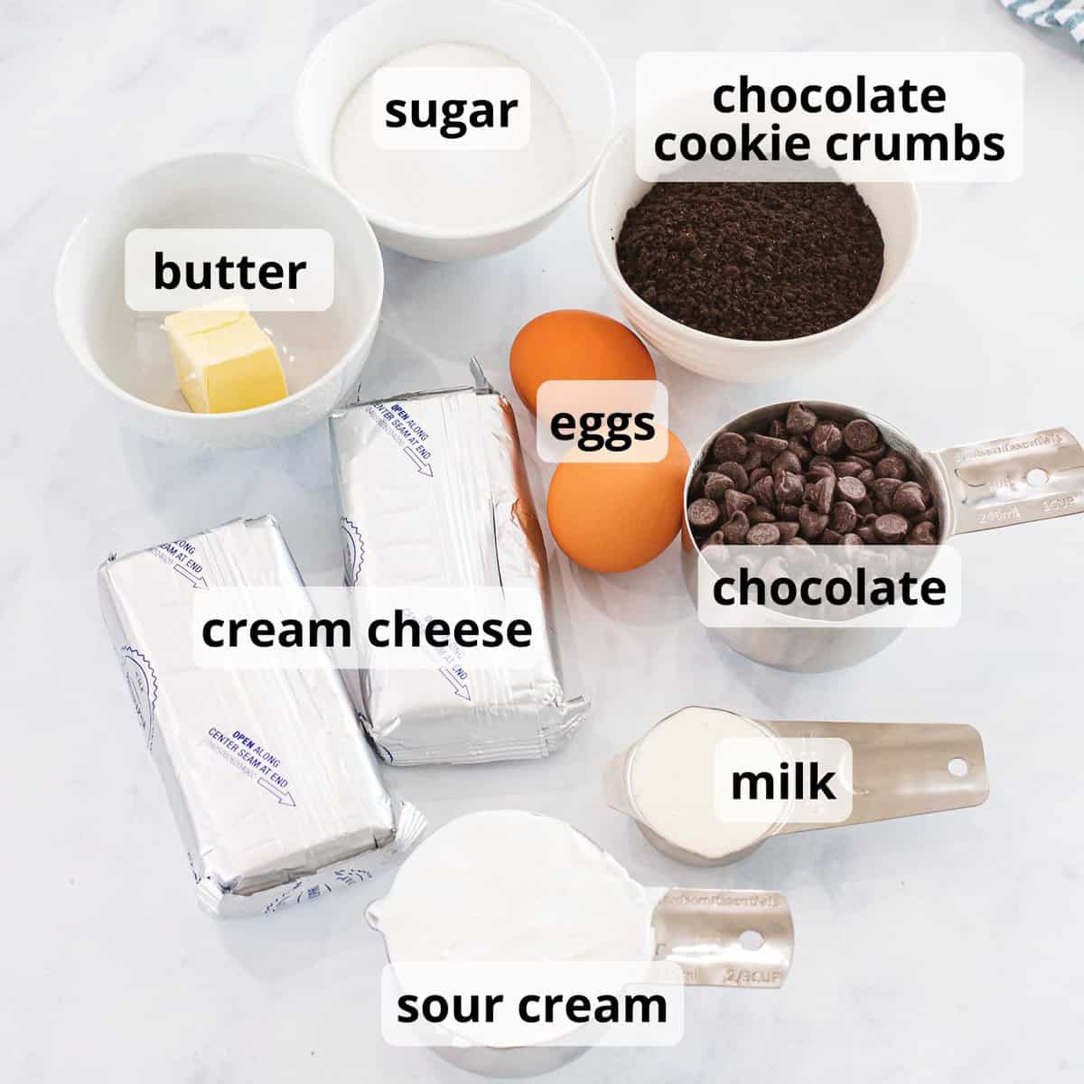 Chocolate cheesecake ingredients with text.