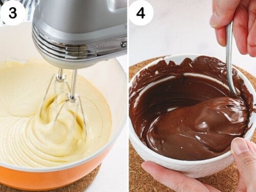 Cheesecake batter being mixed next to melted dark chocolate chips.