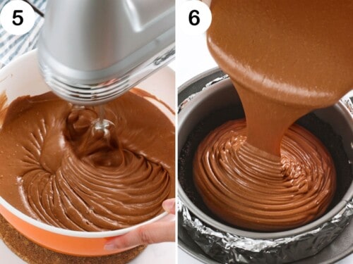 Chocolate cheesecake batter beaten with a mixer and poured into a springform pan.